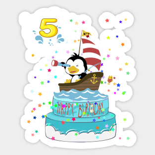 5th Birthday Penguin with a boat Sticker